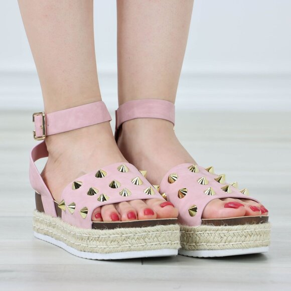 Pink Platform Espadrille Sandals Gold Studded Ankle Strap Open Toe - Picture 2 of 13